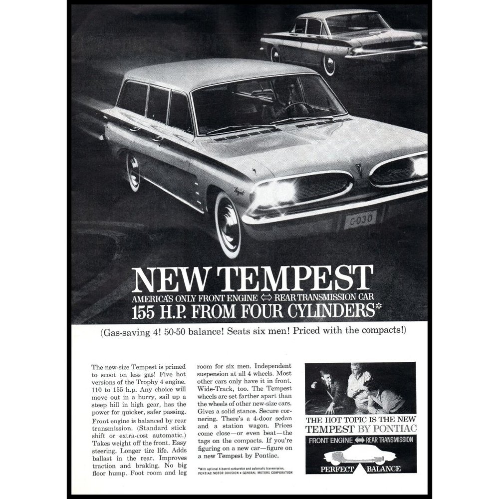 1961 Pontiac Tempest Wagon and Sedan Vintage Print Ad Trophy 4 Engine Wall Art